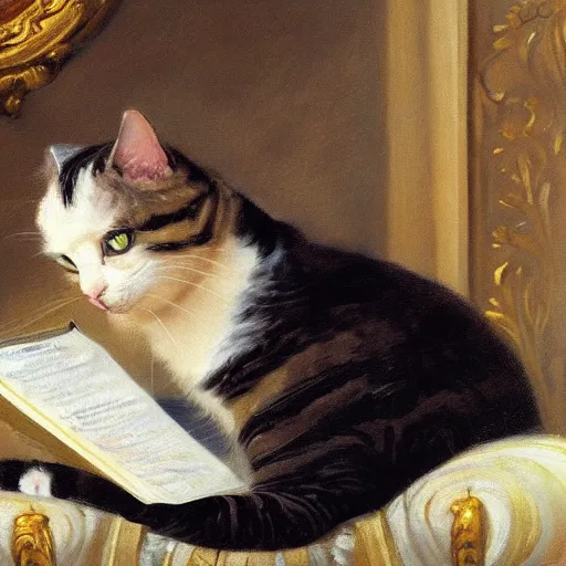 Image similar to Highly detailed oil painting of a cat wearing as gentleman reading a book, 19th century oil on canvas, by Franz Xaver Winterhalter, 8k