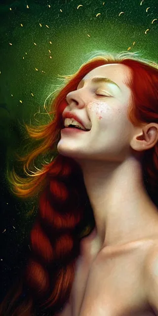 Image similar to infp young woman, smiling amazed, golden fireflies lights, amidst of nature fully covered, long red hair, intricate linework, accurate green eyes, small nose with freckles, oval shape face, realistic, expressive emotions, dramatic lights mystical scene, hyper realistic ultrafine art by artemisia gentileschi, caravaggio, jessica rossier, boris vallejo