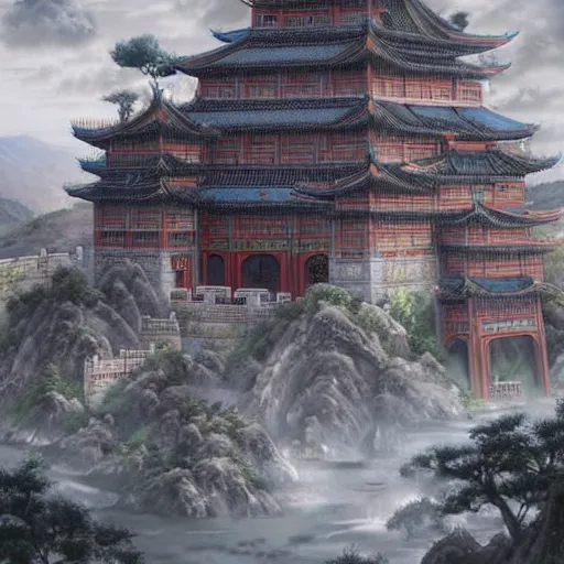 Image similar to dynamic composition, motion, ultra-detailed, incredibly detailed, a lot of details, amazing fine details and brush strokes, colorful and grayish palette, smooth, HD semirealistic anime CG concept art digital painting, watercolor oil painting of epic castle gate, from Three Kingdoms, by a Chinese artist at ArtStation, by Huang Guangjian, Fenghua Zhong, Ruan Jia, Xin Jin and Wei Chang. Realistic artwork of a Chinese videogame, gradients, gentle an harmonic grayish colors.