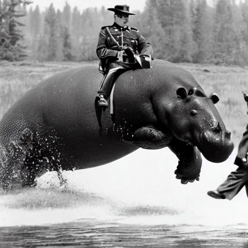 Prompt: photograph of a canadian mountie riding a giant hippo