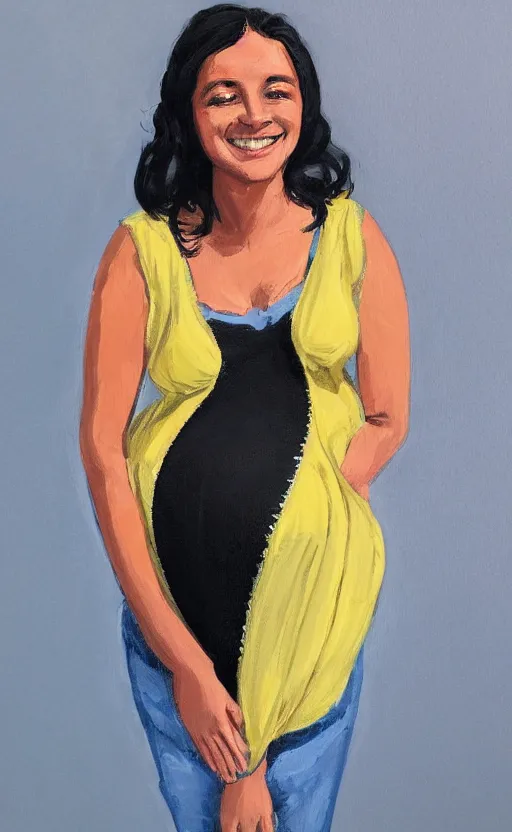 Image similar to a front view portrait of a smiling hispanic pregnant lady illustration, trending on artstation