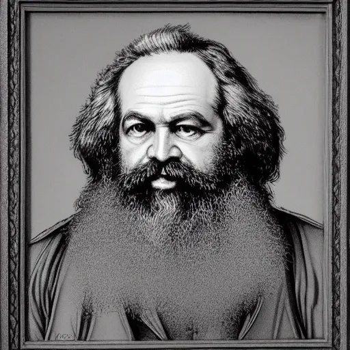 Prompt: a detailed portrait of Karl Marx in the style of Gustave Dore, 8k, ornate, intricate