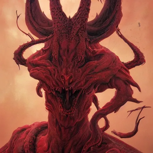 Image similar to a masterpiece! photographic portrait of a scarlet - colored!! beast!! with seven heads!! and ten horns!! by wayne barlowe and peter mohrbacher and allen williams, trending on artstation, cgsociety, 8 k hd, earthtone colors, a cloaked woman riding the back of the beast
