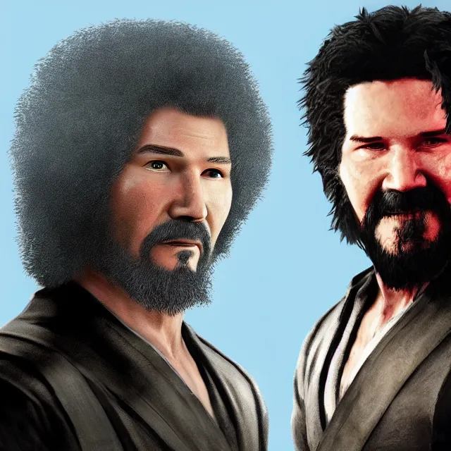 Prompt: bob ross and keanu reeves as a main characters in mortal kombat, concept, artstation, trending on deviantart, 4 k, very very detailed, realistic face,