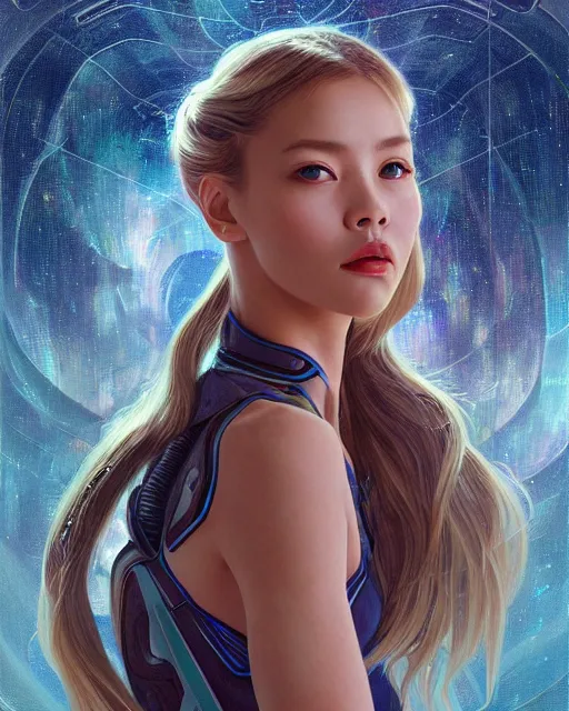 Image similar to portrait of Lalisa Manobal as futuristic airforce, inside future fighter, sci-fi, fantasy, intricate, very feminine, elegant, human anatomy, royal pink and blue light, highly detailed, digital painting, artstation, concept art, smooth, sharp focus, illustration, art by tian zi and WLOP and alphonse mucha