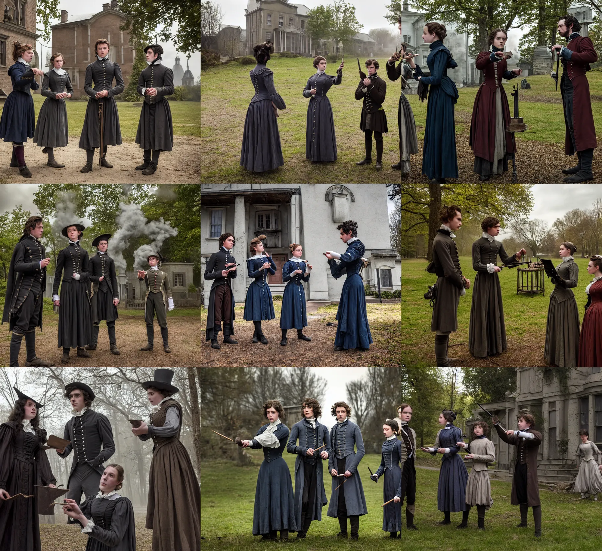 Prompt: sharp, highly detailed, from a 2 0 1 9 sci fi 8 k movie, set in 1 8 5 0 in an alternate universe, mid distant shot of three students practicing magic, outside the school of magic, good special effects, wearing 1 8 5 0 s clothes, atmospheric lighting, in focus, reflective eyes, 3 5 mm macro lens, live action, nice composition