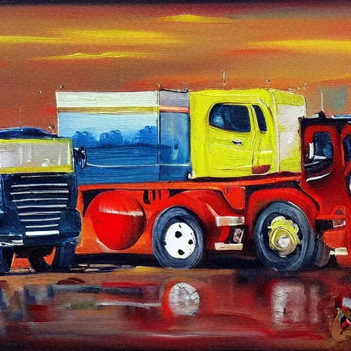 Prompt: an awesome painting with trucks by peter klasen