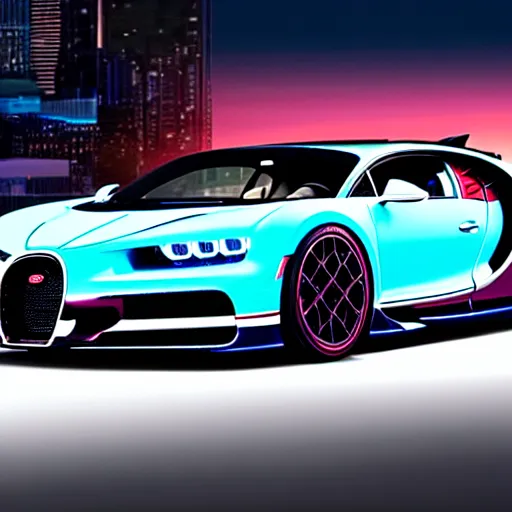 Image similar to synthwave bugatti chiron at sunset