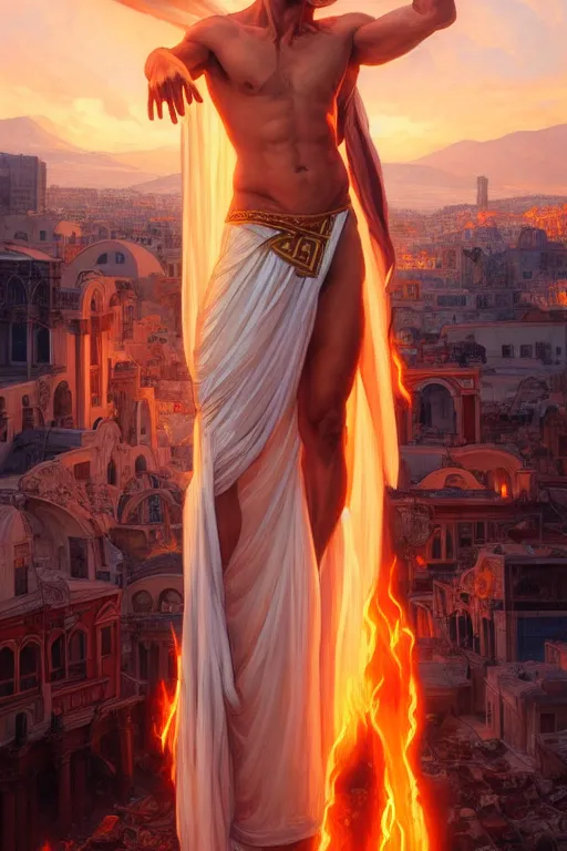 Image similar to full body portrait of beautiful greek god, standing amidst a blazing city, tattered robes, by terry o'neill intricate, elegant, highly detailed, digital painting, glistening skin, artstation, concept art, smooth, sharp focus, bright lighting, illustration, art by artgerm and greg rutkowski and alphonse mucha, 8 k