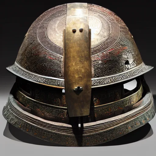 Image similar to japanese samurai helmet, intricate detail, full shot, museum lighting, ultra detailed,