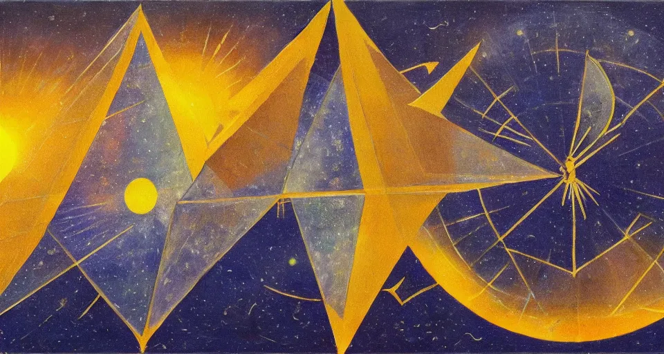 Image similar to solar sail in the shape of a hexagon between the sun and earth, art deco painting