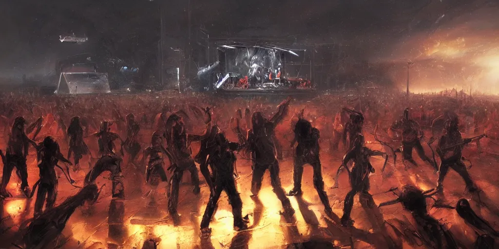 Image similar to concept art, of [ rage against the machine ] band memebers on a stage, front shot!!! humans fighting with robots behind!!, detailed, dark concept art, dark skies painting by wlop, nixeu and greg rutkowski, beautiful, semirealism, artstation, octane render, oil painting, sharpness, 8 k, golden ratio