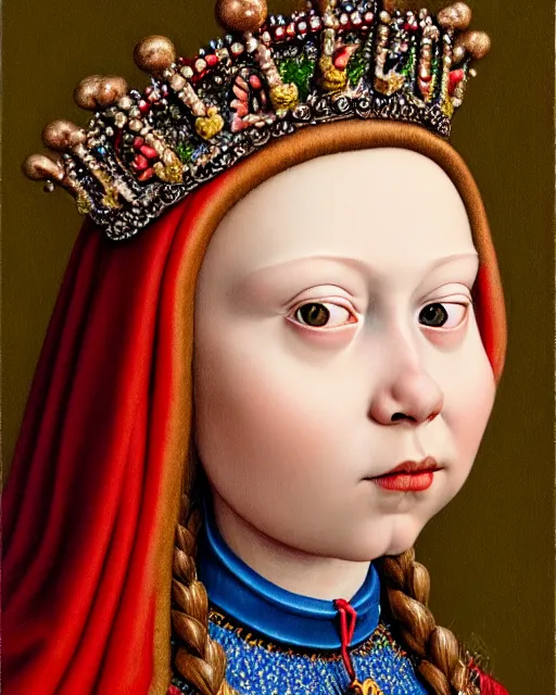 Prompt: closeup profile medieval jan van eyck face portrait of tin toy greta thunberg as a fairytale princess wearing a crown eating cakes in the castle, bikini, nicoletta ceccoli, mark ryden, lostfish, max fleischer, hyper realistic, artstation, illustration, digital paint, matte paint, vivid colors, bright, cheerful, detailed and intricate environment