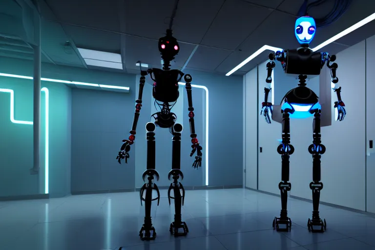 Image similar to full body robot with human mask, background is data server room, neon and dark, by eddie mendoza, illumination ray tracing hdr render in unreal engine 5