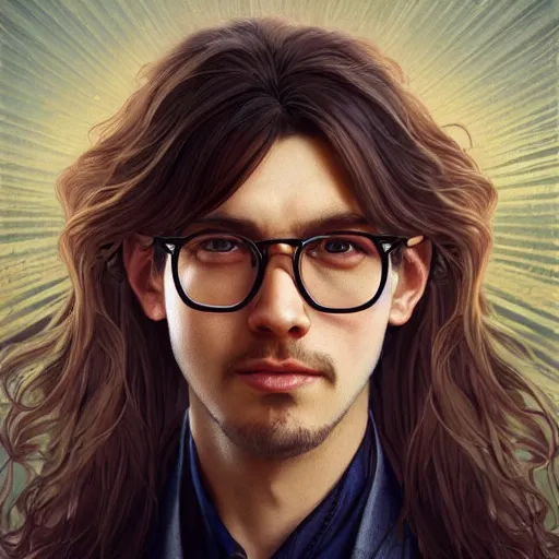 Prompt: highly detailed vfx portrait of a brown long hair centre parting pretty boy with brown eyes and glasses and short goatee by hidari, wenjun lin, alphonse mucha, sakimichan, sharp focus, art by artgerm and greg rutkowski!, backlit, harsh overhead sunlight,