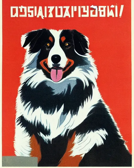 Image similar to soviet propaganda poster of an australian shepherd, soviet art