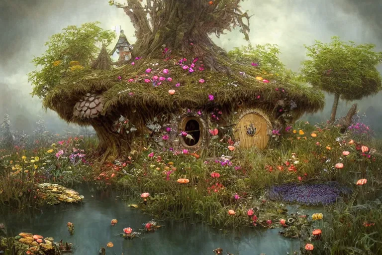 Image similar to wide angle view, a beautiful digital painting of a fairy house made of mushroms in a lake, flowers, beautiful tranquil day, by greg rutkowski, brian froud, peter mohrbacher, jean - baptiste monge, and alphonse mucha, symmetry, complementary colors, ink illustration, trending on artstation