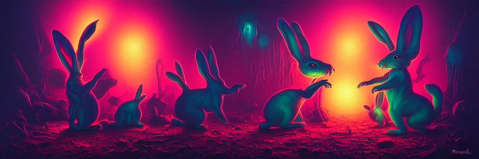 Prompt: strange alien bunny creatures from the depths of the collective unconscious, dramatic lighting, surreal darkly colorful painting by ronny khalil