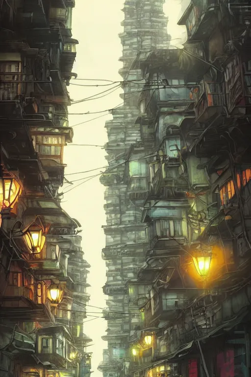 Image similar to backlane alley with kuala lumpur twin towers in the background, evening, highly detailed matte painting, studio ghibli, artstation