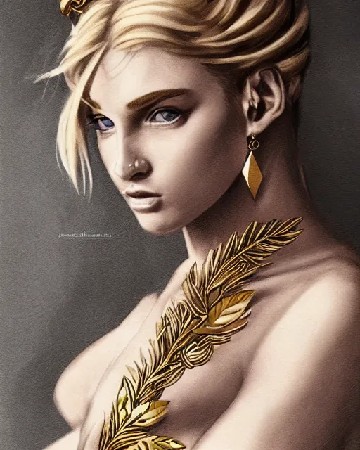 Prompt: tattoo design sketch of cute blonde super model as aphrodite greek goddess wearing a gold laurel wreath and triangle earrings, beautiful piercing gaze with sharp pupils, in the style of greg rutkowski, fantasy, amazing detail, epic, elegant, smooth, sharp focus, front view