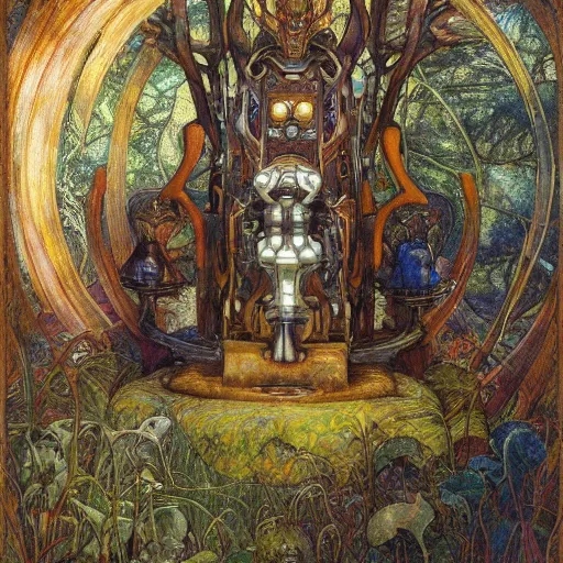 Prompt: robot seizes the forest throne, by Annie Swynnerton and Diego Rivera and Elihu Vedder, symbolist, dramatic lighting, elaborate geometric ornament, tattoos, Art Brut, soft cool colors,smooth, sharp focus, extremely detailed, Adolf Wölfli and Donato Giancola