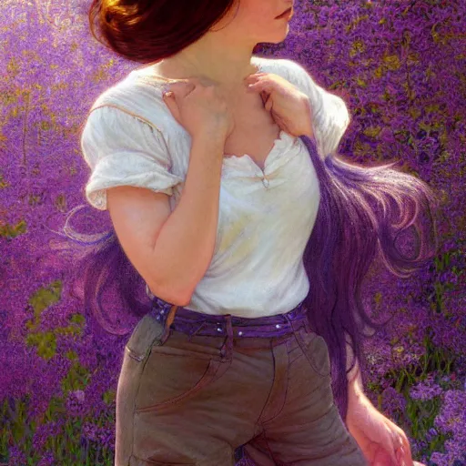 Prompt: A woman with violet hair and long pixie haircut in shorts and white shirt drawn by Donato Giancola and Jon Foster, frank frazetta, alphonse mucha, background by James Jean and gustav klimt, 4k, volumetric lighting, french nouveau, trending on artstation, octane render, hyperrealistic