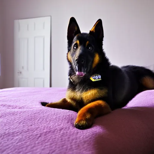 Prompt: in my bedroom my gsd puppy gets the zoomies and jumps around on the bed that has a color comforter, high energy, frenetic craziness, running, jumping, chasing, 3 d octane render, imax 7 0 mm, rtx,