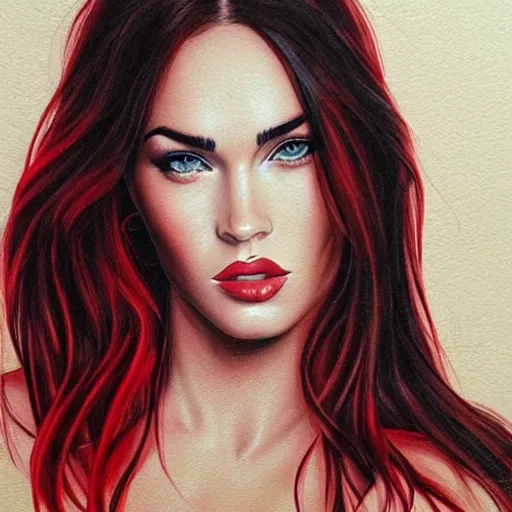 Image similar to “Beautiful Megan Fox Red pencil paintings, red white colors, ultra detailed portrait, 4k resolution”