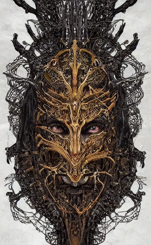 Image similar to Elden Ring themed painting of hybrid majestic aztec warrior princess fantasy biomechanical human beautiful immortal feminine angel symmetrical face angry mask closeup face breathing mask tattoo pattern golden ratio concept, deep forest psytrance Neo-Gothic concept, infinity glyph waves, intricate artwork masterpiece, very coherent artwork, cinematic, full frontal facial features by Artgerm, Takato Yamamoto, Zdizslaw Beksinski, Johnatan Wayshak, Moebius, Ayami Kojima, very anatomically coherent artwork, trending on cgsociety, ultra high quality model, production quality cinema model, high detail chromatic ink outline, octane render, unreal engine 8k, hyper realism, high detail, octane render, unreal engine, 8k, High contrast