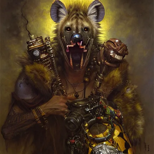 Prompt: portrait of a hyena gnoll shaman wizard. shadowrun furaffiniy cyberpunk fantasy highly detailed painting by gaston bussiere craig mullins jc leyendecker gustav klimt artgerm greg rutkowski john berkey, bergey, craig mullins, ruan jia, raymond swanland, jeremy mann, tom lovell, alex malveda