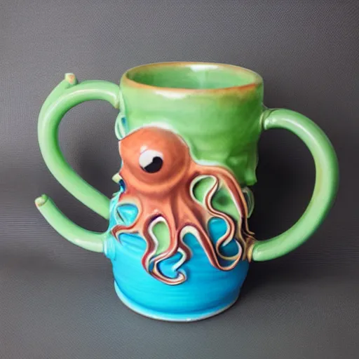 Prompt: a ceramic octopus sculpture mug, creative, beautiful, award winning design, functional, colorful