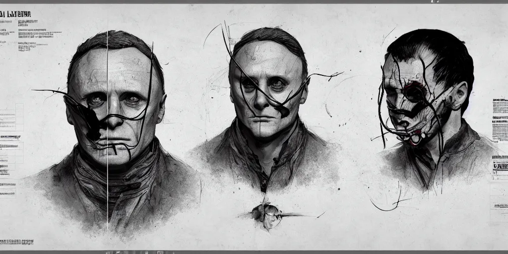 Image similar to hannibal lecter, character sheet, concept design, contrast, kim jung gi, greg rutkowski, zabrocki, karlkka, jayison devadas, trending on artstation, 8 k, ultra wide angle, pincushion lens effect