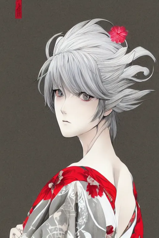 Prompt: beautiful girl, silver hair, white kimono with complex red flower patterns, full body, looking to camera, showing her shoulder from back, ilustration by (Takehiko Inoue) and Krenz Cushart