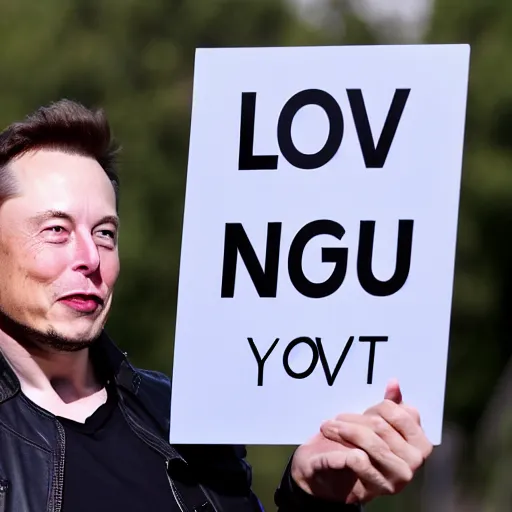 Prompt: Elon Musk holding a sign saying I Love You, highly detailed, high quality, HD, 4k, 8k, Canon 300mm, professional photographer, 40mp, lifelike, top-rated, award winning, realistic, sharp, no blur, edited, corrected, trending