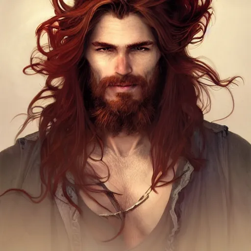 Image similar to portrait of a young ruggedly handsome but joyful pirate, male, masculine, soft hair, upper body, red crimson crimson hair, long flowing hair, fantasy, wide smirk, intricate, elegant, highly detailed, digital painting, artstation, concept art, matte, sharp focus, illustration, art by artgerm and greg rutkowski and alphonse mucha