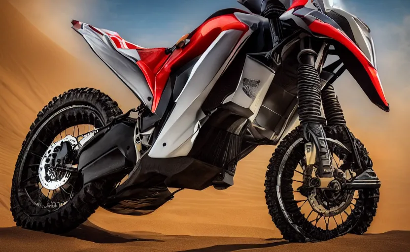 Prompt: prototype, futuristic dakar motorbike, dakar race, wipeout fusion style, sand in background, symmetrical mechanical features, off - road tires, designed by professional, smooth curvatures, brushed red and blue paint, hard surfaces modelling, dramatic lighting, hyper realistic rendering, depth of field, bokeh effect, 4 k