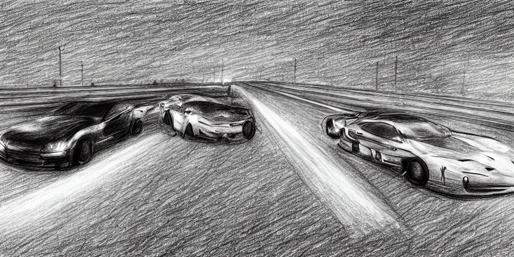 Image similar to a drawing of two cars drag racing in the middle of the night, realism, intense,