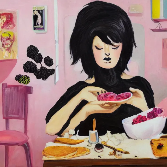 Image similar to a portrait in a female artist's bedroom, black walls, girl eating pancakes, emo t - shirt, sheet music, berries, surgical supplies, handmade pottery, flowers, sensual, octopus, neo - expressionism, surrealism, acrylic and spray paint and oilstick on canvas