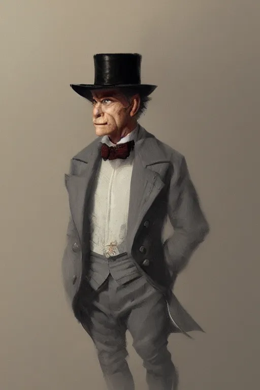 Image similar to a grey hair halfling with no beard top hat and suit by Greg Rutkowski, painting, portrait, HD, high details, trending on artstation