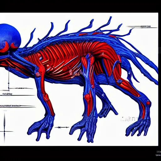 Image similar to anatomically correct diagram of 4 legged alien, hyperrealistic rendering, h. r. giger, perfection, red and blue, smoke in air, monster, scary, beautiful, high detail, cinematic