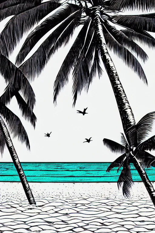 Prompt: a beautiful woodcut illustration on paper of a beach with coconut palms 8 k, frostbite 3 engine, cryengine, dof, trending on artstation, digital art, crepuscular ray