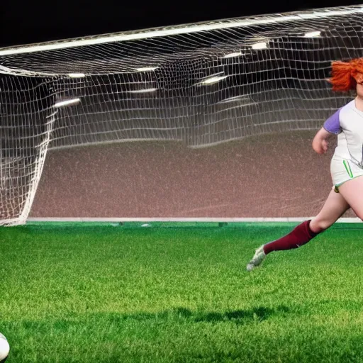 Image similar to Christina Hendricks as soccer player scoring goal, realistic, 4k,