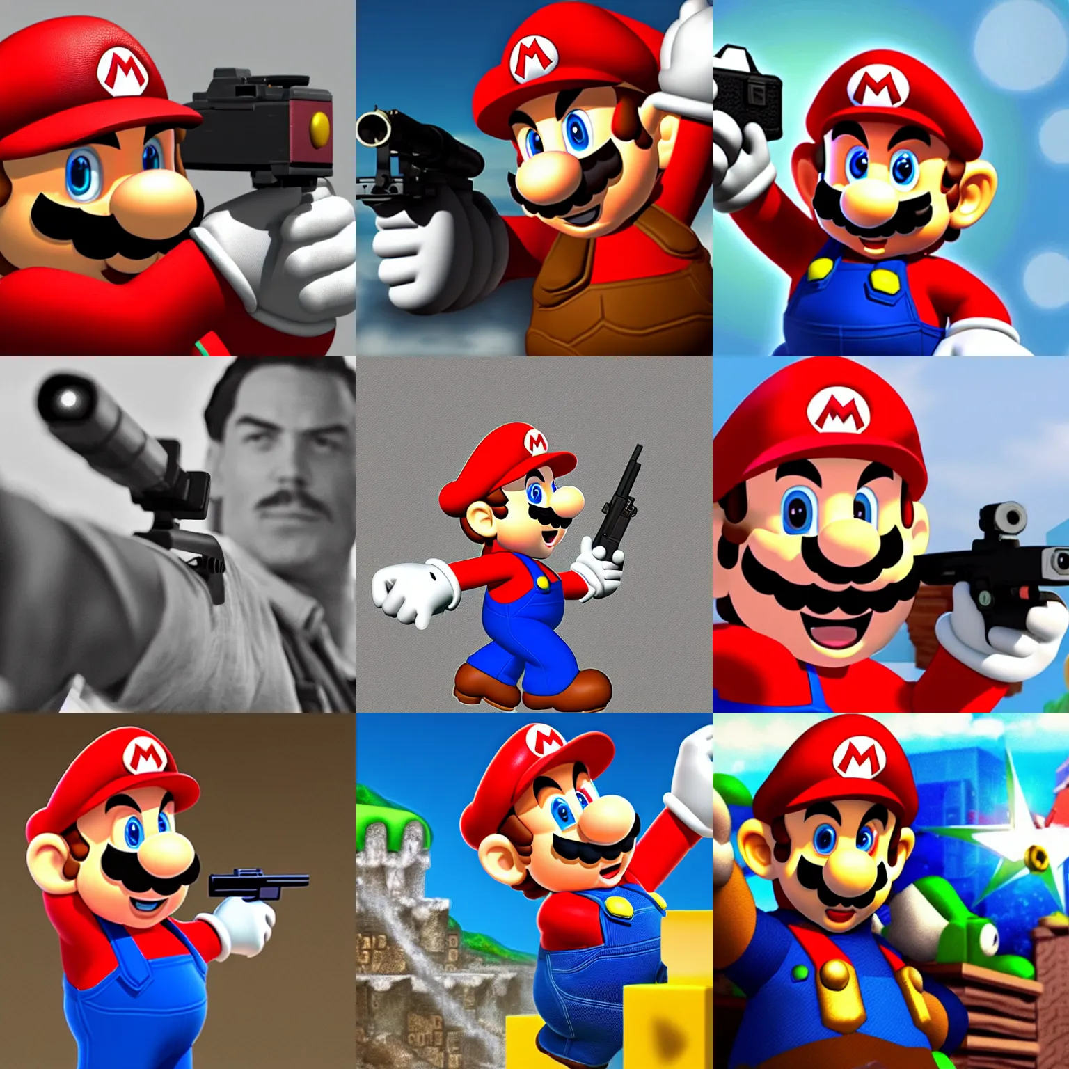 Prompt: Mario pointing a gun at the camera
