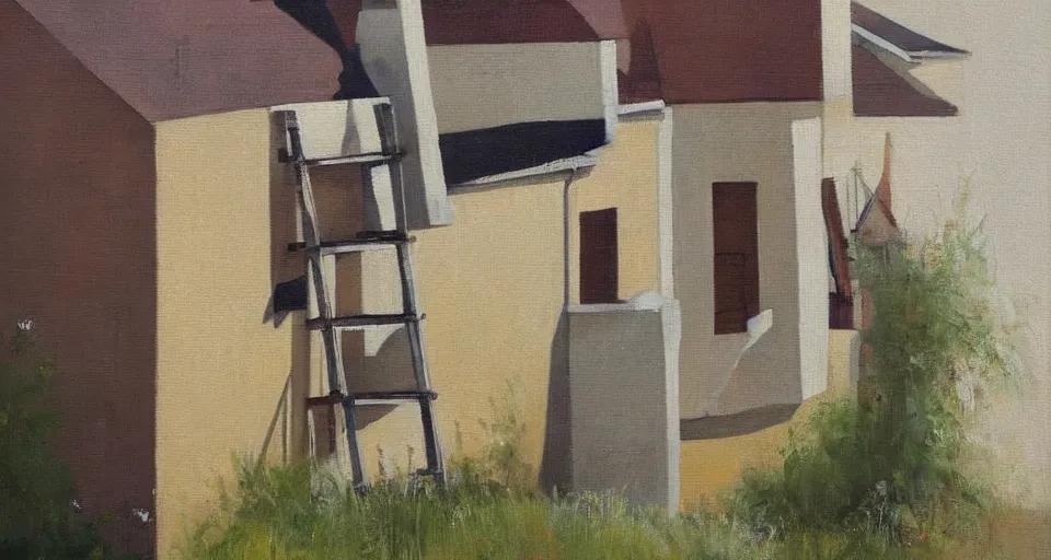 Image similar to a ladder leaning up against the side of a house, beautiful painting, oil on canvas, by ewa czarniecka, award winning masterpiece,