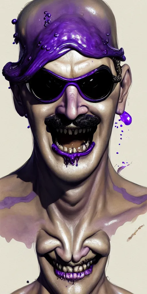 Image similar to Extremely Detailed and Full Portrait scene of Gooey Ocean scene in ink and refined sand, Waluigi with shades on face. wearing a purple dress full body smiling by Akihito Yoshitomi AND Yoji Shinkawa AND Greg Rutkowski, Mark Arian trending on artstation