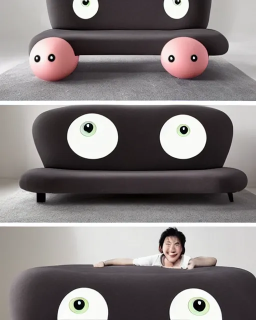 Image similar to an antropomorphic sofa by studio ghibli, googly eyes, cute, anime artstyle