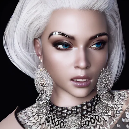 Image similar to portrait of radiant princess with white hair, beauty, ornate and intricate diamond jewelry, jaw dropping, white accent lighting, hyper detailed, 4 k octane render