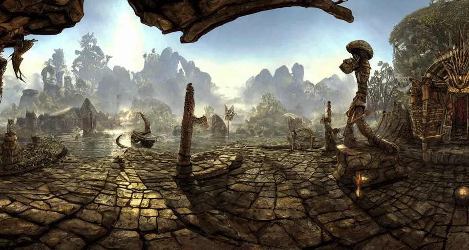 Image similar to A panoramic 360 photo of gameplay from the videogame 'The elder scrolls 3: Morrowind' painted by James Gurney. Fantastic lighting. Colorful environment, rule of thirds, symmetrical balance, depth layering, polarizing filter, Sense of Depth, AI enhanced