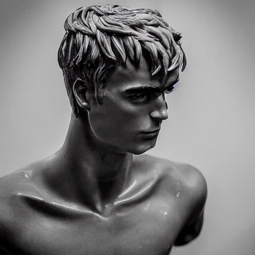 Image similar to “ a realistic detailed photo of a guy who is an attractive humanoid who is half robot and half humanoid, who is a male android, soccer player antoine griezmann, shiny skin, posing like a statue, blank stare, at the museum, on display ”