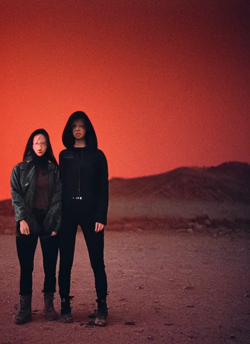 Prompt: cinestill 5 0 d photographic portrait of two loving female androids wearing rugged black techwear on a desolate plain with a red sky, extreme closeup, lizard on ground, cyberpunk style, in front of a brutalist dark metal facility, dust storm, 3 5 mm, 8 k, hd, f / 3 2, high resolution, ultra realistic faces